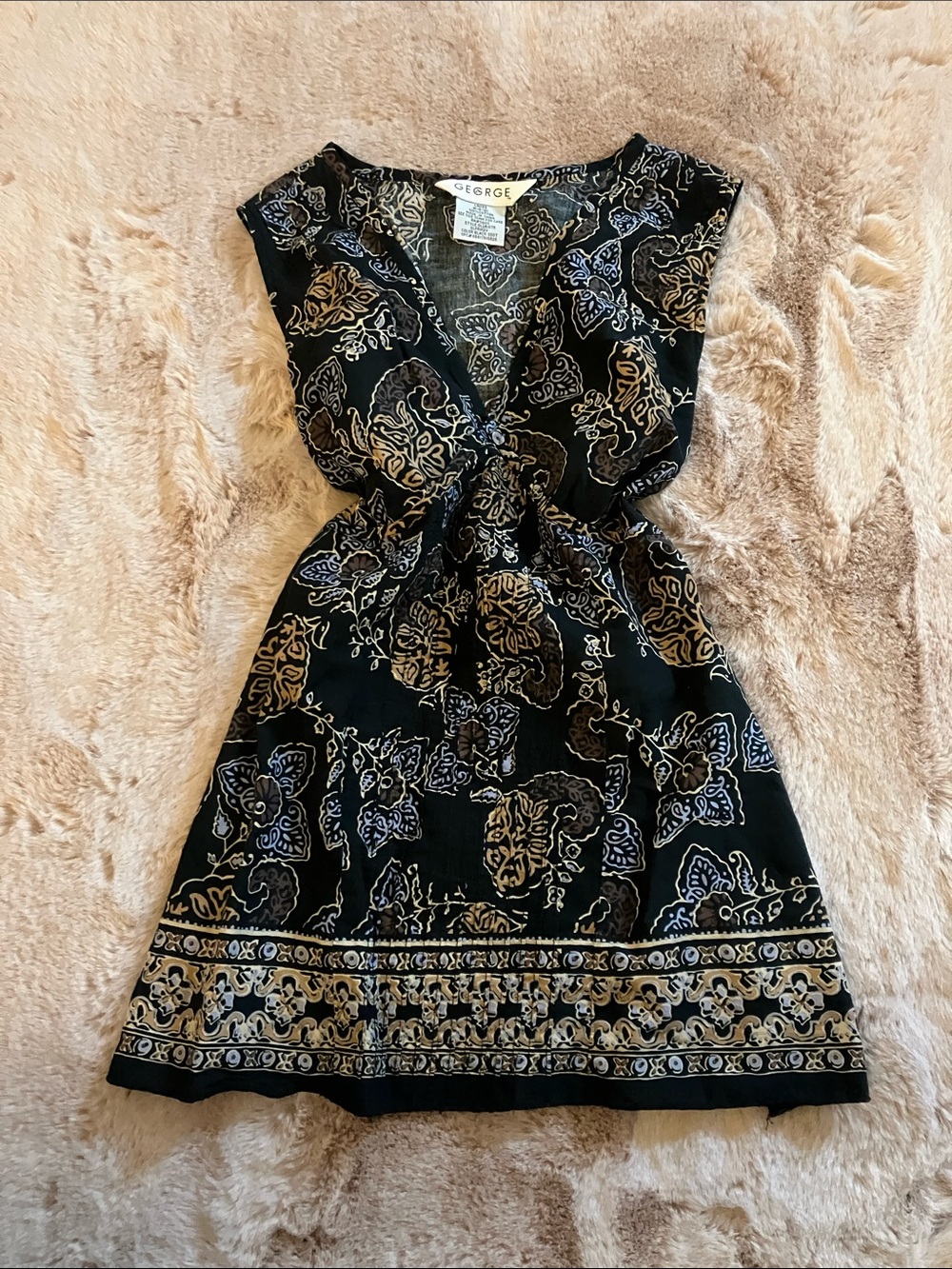Y2k George Black/Tan Babydoll Top with Gold Floral Print